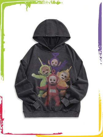 Teletubbies X ROMWE Felpa con cappuccio casual da donna, con motivo a cartone animato, effetto vissuto, vintage, autunnale