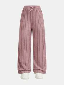 SHEIN Bộ đồ thể thao thoải mái, thoải mái, áo thun dệt kim cổ chữ U tay dài họa tiết sọc xanh trắng và quần ống đứng ống rộng 2 món, bộ đồ thể thao năng động thoải mái cho bé gái tuổi mới lớn - Bụi hồng - Xem 3