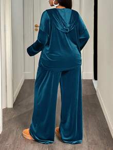 Slaydiva Bộ đồ thể thao thường ngày và mặc nhà màu nâu trơn, dáng rộng, vai rớt, gồm áo hoodie và quần dài ống rộng có túi, chất liệu nhung, dành cho nữ cỡ lớn, gồm 2 món. - Màu xanh lam - Xem 2