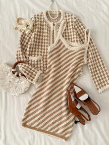 Muvela Women's Casual Diamond Pattern Crew Neck Cardigan With Pockets, Autumn/Winter,Sweaters For Women - Khaki - View 6