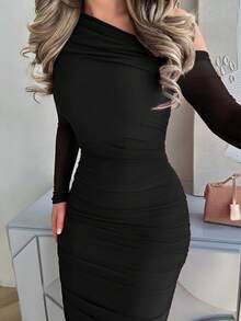 Jemour Women Elegant Ruched Mesh Party Evening Midi Dress With Long Sleeves, Slim Fit, For Autumn - Black - View 3