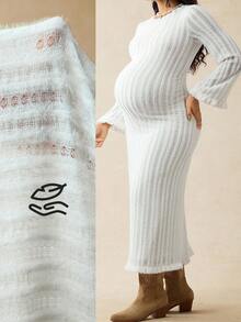 SHEIN Elegant White Silky Maternity Solid Color Bell Sleeve Dress,Autumn Pregnancy Clothes For Photoshoot,Holiday Wedding Guest New Year Winter Dress - White - View 2