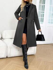 SHEIN LUNE Women's Elegant Minimalist Double-Breasted Overcoat - Dark Grey - View 6