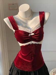 Comfortcana 女士优雅撞色蕾丝褶皱天鹅绒吊带背心情人节酒红色正式上衣 - 酒紅色 - 查看 5