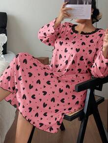 Dream Adore Heart V-Neck Ruffle Trim Mid-Length Long Sleeve Women Nightgown - Pink - View 4