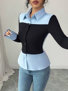 Elenzga 女针织高弹面料拼接梭织衬衫领插肩长袖撞色拼接收腰修身休闲通勤优雅套头衫，秋季 - 彩色 - 查看 6