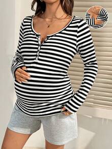 SHEIN 孕妇纽扣前襟半开襟长袖条纹哺乳上衣 - 黑與白 - 查看 7