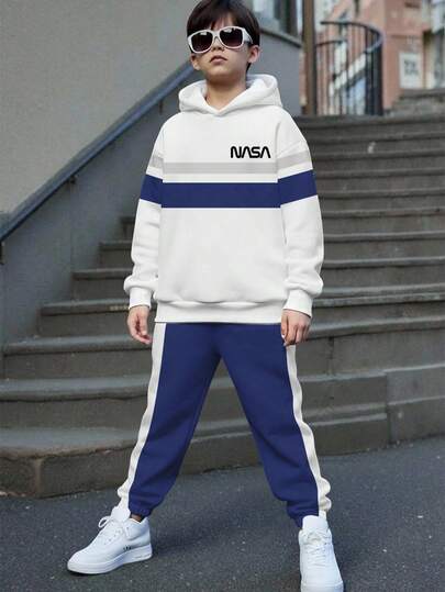 2 ชิ้น/ชุด เสื้อสเวตเตอร์ลำลองทรงหลวมสไตล์สปอร์ตสำหรับเด็กผู้ชาย, แฟชั่นคลาสสิก, สไตล์วิทยาลัย, แถบสีตัดกัน, องค์ประกอบอวกาศ, เสื้อฮู้ดแขนยาว Street Y2K, ใส่สบายสำหรับฤดูใบไม้ร่วง/ฤดูหนาว