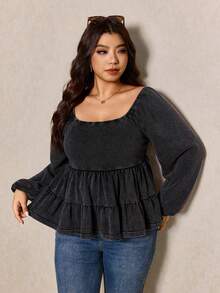 Elaquor Plus Size Women Square Neck Lantern Sleeve Ruffle Hem Casual Dark Grey T-Shirt Casual Shirt For Women Casual For Women - Black - View 3