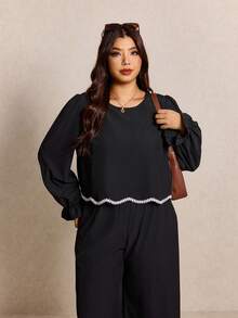 Elaquor 加大码女式圆领撞色荷叶边休闲两件套，黑色 - 黑色 - 查看 3