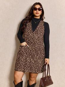 Elaquor Plus Size Women Leopard Print Deep V-Neck Fashionable Strap Dress, Autumn/Winter Cheetah Print - Multicolor - View 7