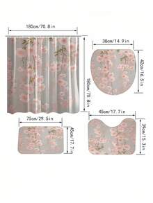 1/4件套粉色花朵主题浴室帘套装，包含浴室地垫、U型马桶垫、马桶盖垫、防水浴帘、时尚门帘、遮阳帘、现代风格浴室隔断帘，无需钻孔，涤纶材质，可机洗 - 彩色 - 查看 3