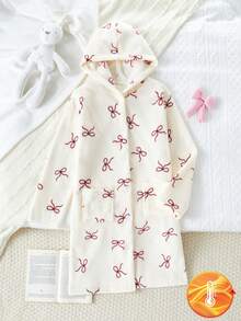 Girls' Cute Burgundy Bow Hooded Mid-Length Robe Sleepwear, Autumn/Winter Pajamas Dress  Tween Girls Pajamas-Hooded Nightgown Soft Fleece Red Bow Print White Hooded Long Sleeve Knee Length Warm Sleepwear Fall Winter Loungewear 2026 New Year Essential - Apricot - View 3