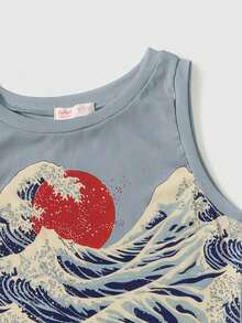 ROMWE J-Fashion Sun & Wave Graphic Ribbed Tank Top, School - Dusty Blue - View 3