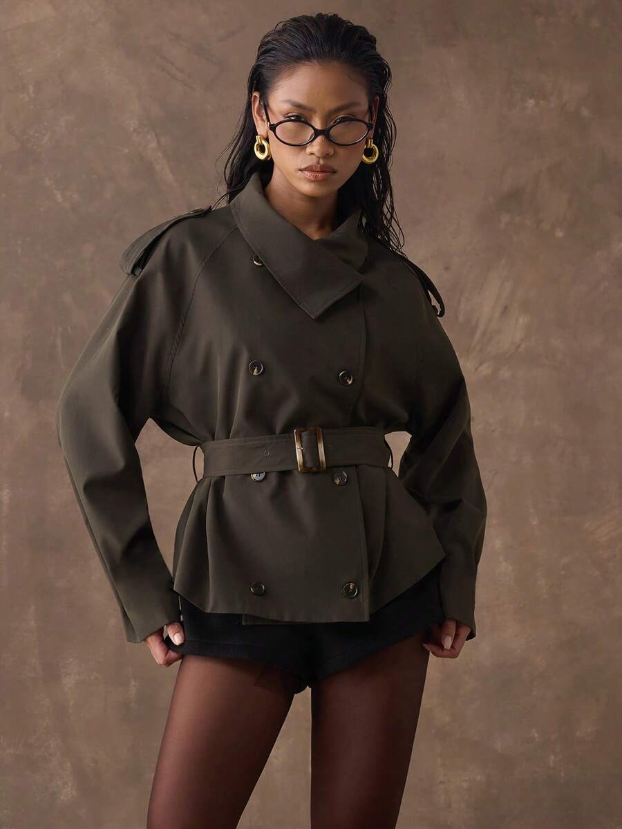 SHEIN BAE Women's Stand Collar Short Design Sense Windbreaker, High-End Feeling Double-Breasted Ladies Trench Coat,Fall,Fall Clothes For Women - Coffee Brown - View 1