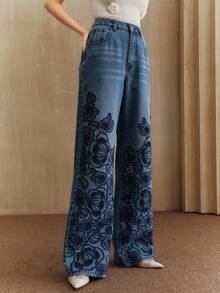 Anewsta Fashionable Embroidered Blue Denim Straight Leg Pants - Blue - View 4