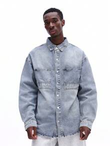 Áo sơ mi denim dáng regular fit SUMWON cài nút, cổ điển, hai túi ngực, tay dài, màu xanh nhạt, kiểu dáng casual, công sở, trơn. - Màu xanh lam - Xem 5