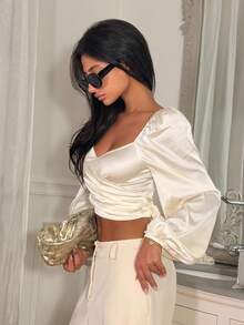 Ronhire Elegantes Damen Wickelshirt mit Laternärmeln in Unifarbe, Frühling/Sommer - Weiss - Übersicht 5