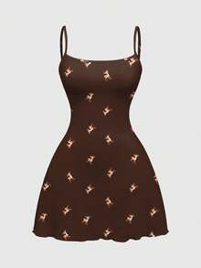 ROMWE Fairycore Váy ngắn in họa tiết hươu cổ điển dễ thương dành cho nữ, màu cà phê, thu/đông - Cà phê - Xem 5