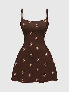 Fairycore Cute Deer Vintage Print Mini Dress For Women, Coffee Color, Autumn/Winter