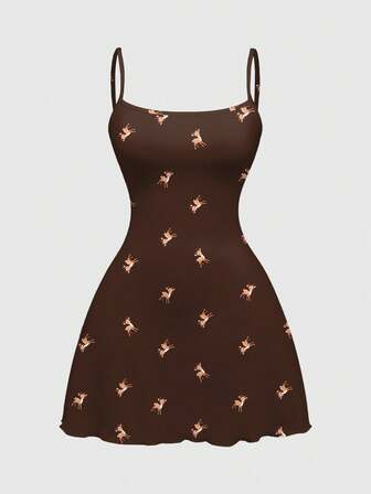 Fairycore Süßes Hirsch Vintage Muster Mini Kleid für Damen, Kaffeefarben, Herbst/Winter