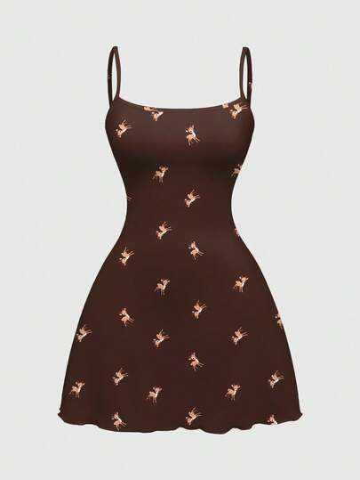 Fairycore Abito mini vintage con stampa di cervi carini, colore caffè, adatto per autunno/inverno