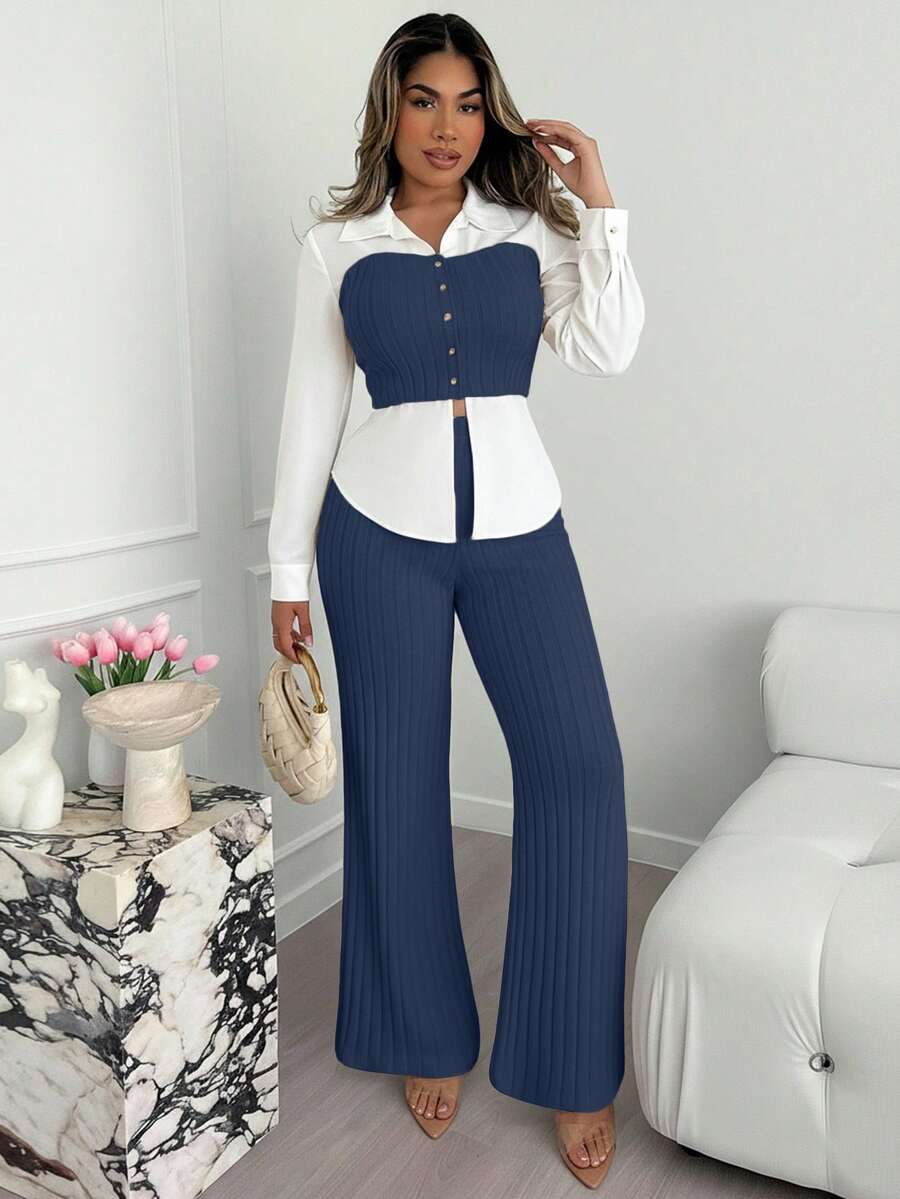Xyvia 杏色和白色奢华通勤高端成熟智慧女士长袖上衣和阔腿裤两件套，AB面料拼接衬衫领翻领修身腰部上衣，罗纹阔腿裤，适合办公室、校园、商务、旅行、秋冬春季休闲穿着。 - 寶藍色 - 查看 1