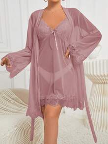 Women's Contrast Lace Long Sleeve Robe And Camisole Dress Sleepwear Set Lace Sleepwear Lingerie Robe Set Lace Robe Nightgown With Robe - Dusty Pink - View 6