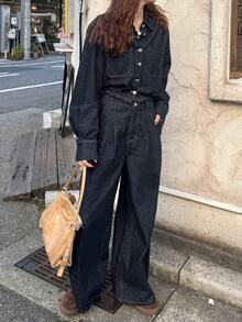 FRIFUL Women's Casual Fashion Street Loose Drop Shoulder Denim Shirt And Wide Leg Jeans Set, Spring/Autumn