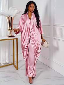 Truni Bộ đồ 2 món bằng vải satin rộng rãi cho nữ cỡ lớn, áo cánh dơi cỡ lớn và quần ống đứng, phù hợp với dáng người hình tam giác quả lê - Hồng - Xem 4