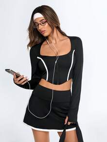 Eassivo Eassivo T-shirt de sport ajusté à manches longues et zip avant pour femmes - Noir - Voir 4