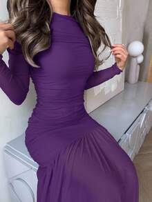 Jemour 女士网眼长袖圆领连衣裙，适合秋季，返校装，教师装 - 紫色 - 查看 3