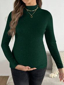 SHEIN Maternity Solid Color Stand Collar Fitted Stylish Long Sleeve Sweater - Dark Green - View 3