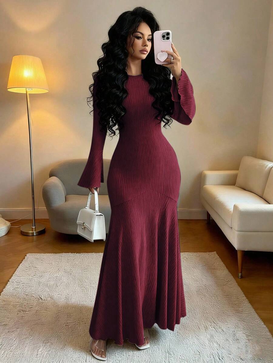 Elenzga Women's Elegant Stretchy Fitted Mermaid Hem Ruffle Sleeve Dress, Autumn/Winter - Red - View 1