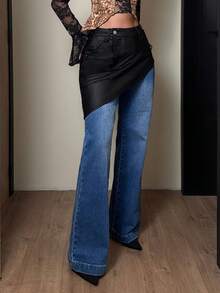 Jeanoix Women's Fashion Color Block Flare Leg Jeans - Blue - View 6