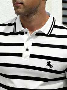 Manfinity Dauomo Classic Centaur Knight Print, Vertical Stripe Print Pattern, Stylish Men's Polo Shirt, Casual Versatile Wear, Autumn - Black and White - View 3