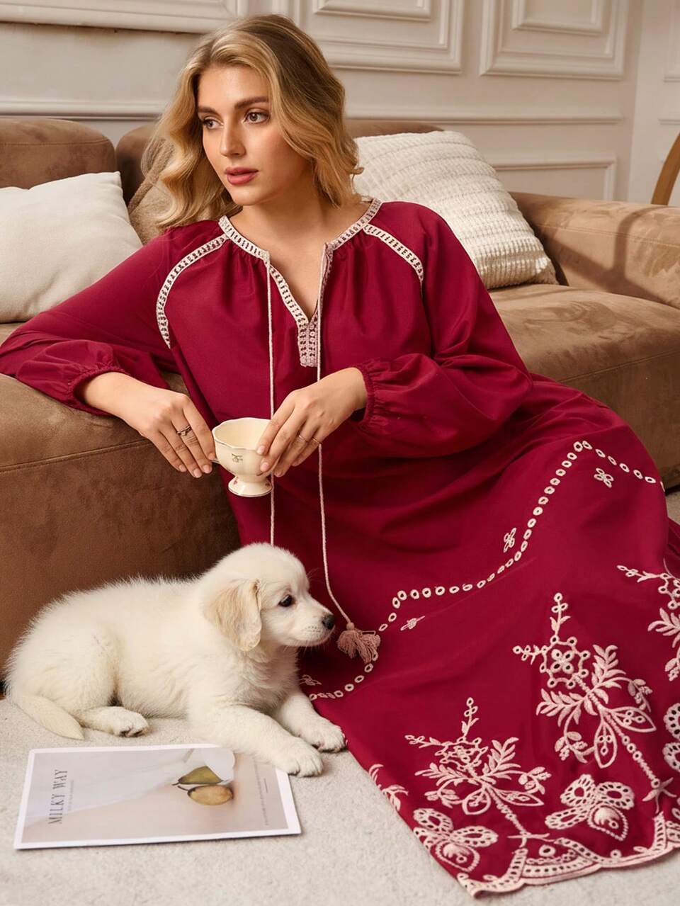 Plus Size Burgundy Autumn Boho Dinner Dress,Women's Embroidered Collar Tie Waist Abaya Dubai Red Casual Commuter Elegant Party New Year Clothes