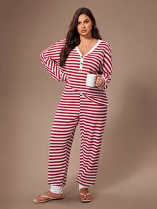 Lazeform Bộ đồ ngủ nữ cỡ lớn kẻ sọc jacquard, kiểu dáng thường ngày, tay dài cài nửa cúc và quần dài, thích hợp cho mùa đông. - Đỏ - Xem 7