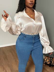 Truni Lacenleopard Plus Size Women Satin Long Sleeve Shirt, Button Detail, Lantern Sleeve, For Pear Triangle Body Shape - Apricot - View 4