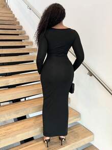 Alexandranx 黑色圆领修身时尚针织长袖连衣裙 - 黑色 - 查看 2