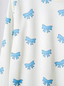 Girls' Fresh Blue Bow Print Long Sleeve Pajama Set - Apricot - View 6