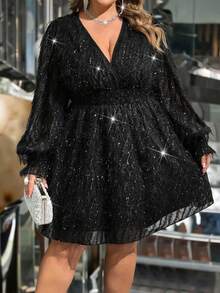 SHEIN CURVE+ Váy dự tiệc Giáng sinh mini lấp lánh khoét sâu gợi cảm cỡ lớn dành cho nữ - màu đen - Xem 5