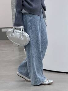 DAZY 少女休闲水洗佩斯利提花牛仔裤 - 藍色 - 查看 4