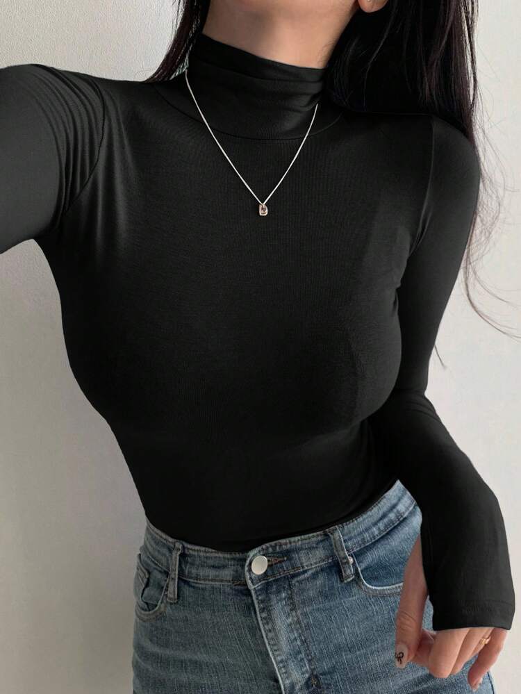 DAZY Women's Turtleneck Long Sleeve Base Layer T-Shirt, Black, Spring/Summer/Autumn - Black - View 5