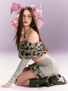 Rina Fox 秋冬时尚豹纹拼接露肩短款上衣和迷你裙两件套 - 灰色 - 查看 1