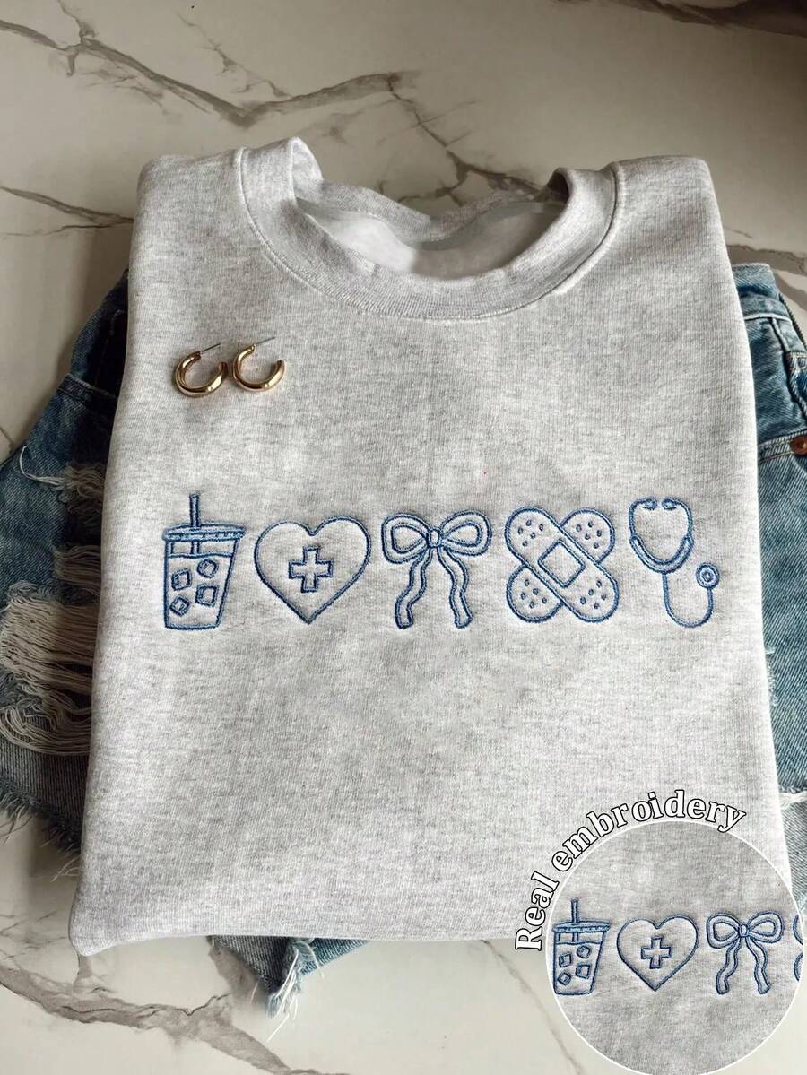 INAWLY Women's Casual Bow & Heart Embroidery Sweatshirt, Autumn/Winter - Grey - View 1