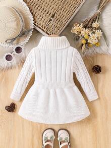 SHEIN Vintaside Kids 女婴高领麻花针织长袖毛衣连衣裙 - 白色 - 查看 2
