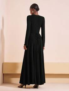 Zivah Women Elegant Black Long Sleeve Dress For Autumn,Brushed Striped Knitted Round Neck Large Swing Back Tie,Versatile Dinner Date Wedding Guest Outfits - Black - View 2