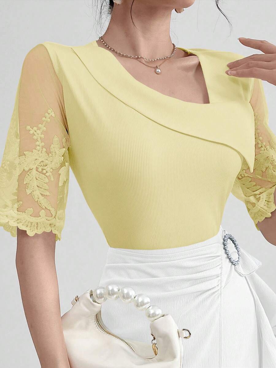 Modelyn Ladies' Asymmetric Neckline Contrast Mesh Summer T-Shirt Graphic Tees Women Tops - Light Yellow - View 1