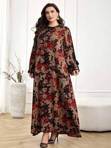 Al Najma 大码女式印花系领长袖宽松阿拉伯风格连衣裙 - 紅色 - 查看 4